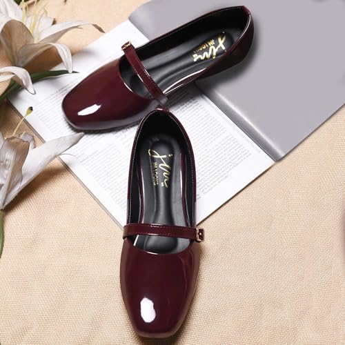 Image of Duosoft Women's Mary Jane Flats, Burgundy, Patent Leather, Square Toe, Buckle Strap