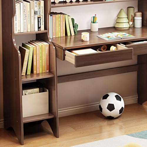 Image of Kids Desk Kids Table with Drawers and Bookshelf Wooden Kids Media Desk Student Learning Computer Workstation and Writing Desk (Brown)