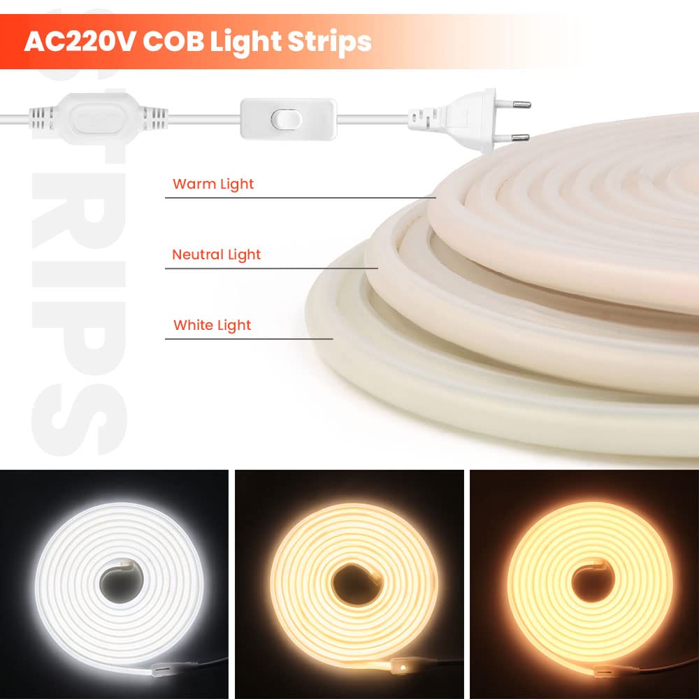 XUNATA 30m LED Neon Flexible 220V, Alto brillo 288 LED/m Tira de LED COB con Interruptor, Cada Corte de 50 cm, IP65 Impermeable, Luz de Cuerda- Blanco Natural