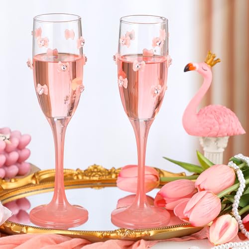Funnymoom Pink Bow Champagne Flutes Set, 6 OZ, 2 pcs