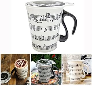 XRKJ Ceramic Mug Cup, Creative and Unique Musical Notes Design Coffee Mug, Music Notes Ceramic Cup, Mug Cup with Lid Staves For Household Office Best Gift For Music Lover Friend