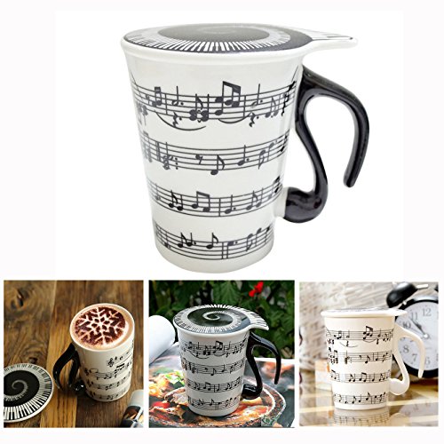 Xrten Taza musical de cerámica, taza con asa en forma de nota musical piano, taza de con tapa