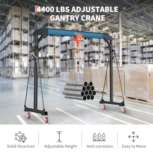 2 Ton Gantry Crane, 4400 LBS Adjustable Gantry Crane with 8-12 ft Height, Shop Lift Hoist with Manual Trolley, Hook & Shackles for Warehouse, Factory