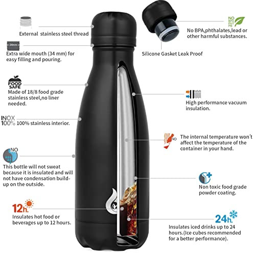 Image of BJPKPK 12oz Insulated Water Bottle Stainless Steel Water Bottles Keep Cold And Hot,Black