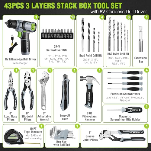 Image of WORKPRO 43PCS Cordless Lithium-ion Drill Driver & Toolbox, 8V 2.0 Ah Power Drill Set with Household Hand Tool Kit, Battery Powered Screwdriver with Stackable Tool Box