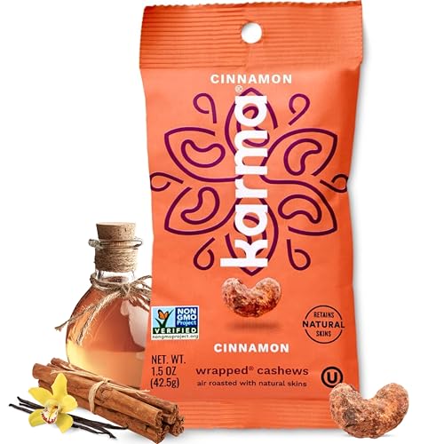 Image of Cinnamon Cashews with Skin by Karma Nuts, Whole, Sweet, Roasted, Vegan, Gluten Free, Low Net Carb, Natural, Everyday Nut Snack, 1.5 Ounce (12 Snack Packs)