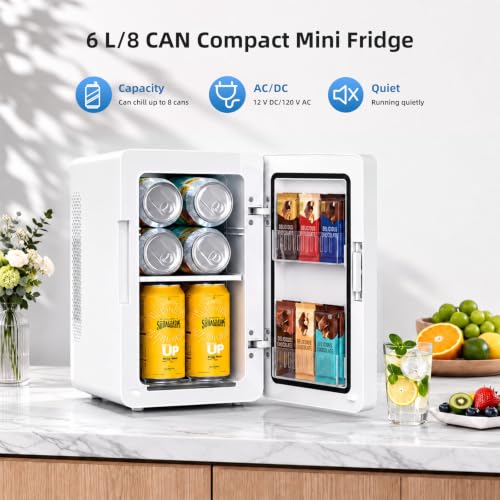 Image of Antarctic Star Mini Fridge 6L /8 Can Portable Cooler,Personal Compact Refrigerator for Skin Care, Food,Drinks or Cosmetics, AC /DC for Bedroom, Car, Office,White