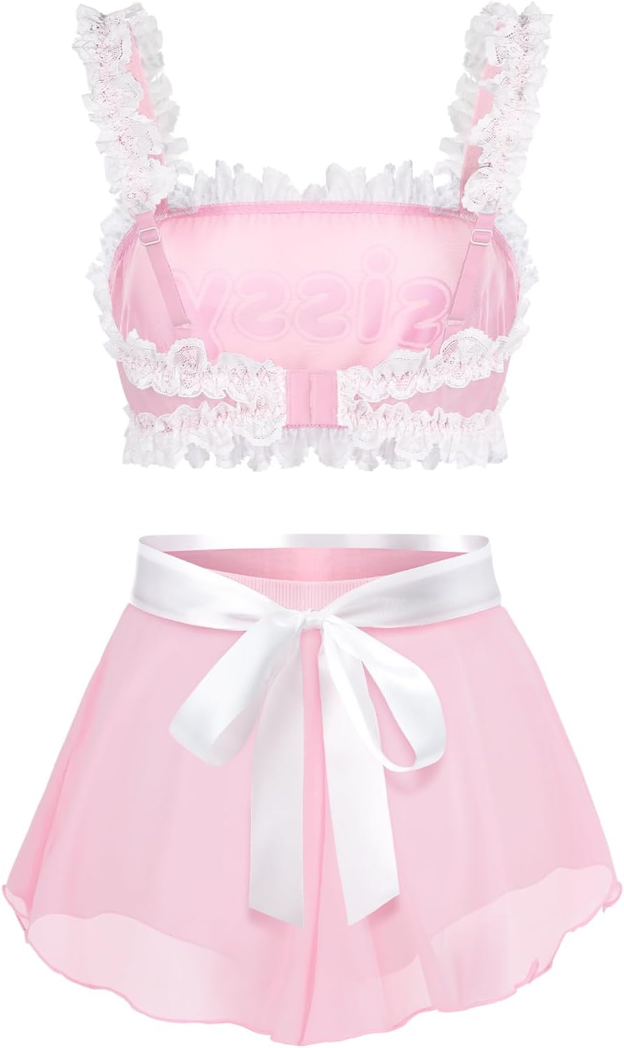 Littleforbig Unisex Adjustable Lacy Strap Mesh Lingerie Loungewear Sissy Maid See-through Bralette Skirted Panties Set - Image 2