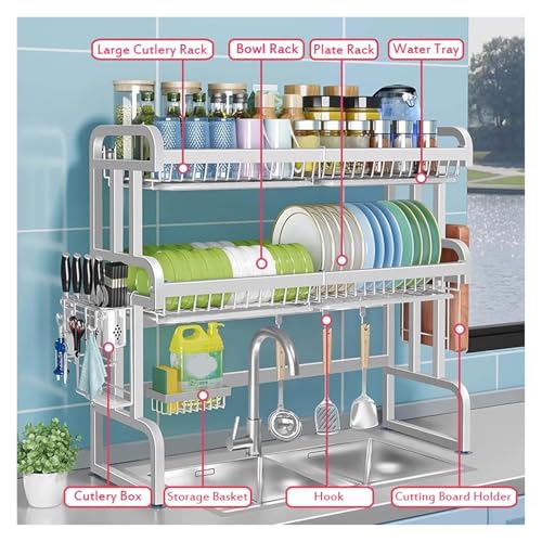 Scolapiatti estensibile in acciaio inox sopra il lavello, 2 ripiani, salvaspazio, con supporto in silicone, per cucina (83 x 28 x 83 cm)