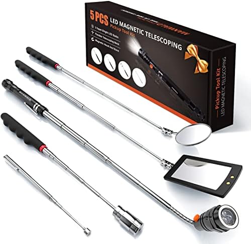 Gifts for Men Telescoping Magnetic Pickup Tool Set with 1 & 15 lb Pick Up Sticks, Round and Square 360 Swivel Adjustable Inspection Mirror and Flexible LED Flashlight