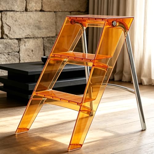 Acrylic 3 Step Ladder Folding Step Stool Anti-Slip Steps Design 350lbs Heavy Duty Load Bearing Stable Support Frame Portable Safety Acrylic LadderOrange