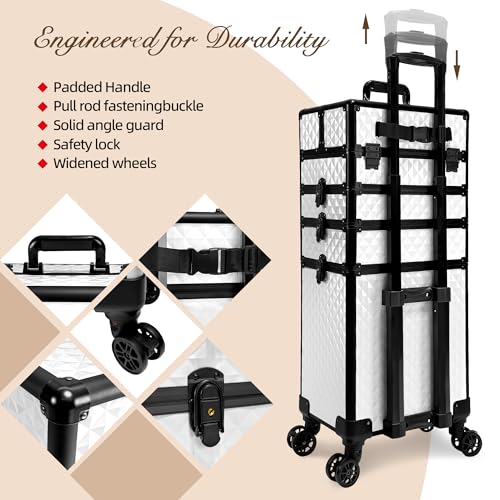 Image of 5 in 1 Rolling Makeup Train Case on Wheels Large Cosmetic Organizer Travel Cart for Women Beauty Salon Barber Hairstylist White