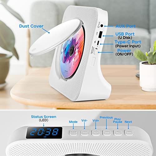 Desktop Cd Player With Speakers, Roadom Home Bluetooth Cd Player With Hi-Fi Stereo Sound,Remote Control,Supports Cd/Bluetooth/Fm Radio/U Disk/Aux/Timer/Repeat #TOP5