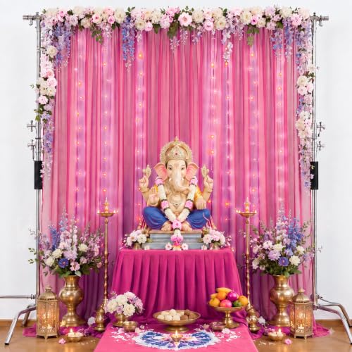 Image of White Net Backdrop Curtain Set for Decoration, 2 Pieces, 8 x 5 feet, for Wedding, Birthday, Anniversary, Engagement (Pink)