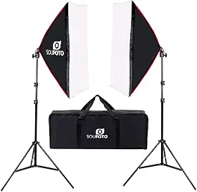 SOU FOTO Kit Softbox Duplo com Bolsa para Iluminação de Estúdios Video e Fotografia Uso Profissional e Amador | 2x Softbox 50x70cm e-27 Simples, 2x Tripés de Iluminação e Bolsa | Modelo Doppio Red