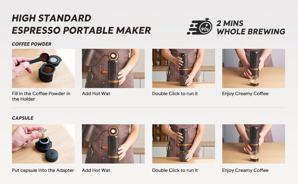 Miniatura 5 de BRBHOM Cafetera eléctrica portátil de café expreso, cafetera eléctrica compatible con cápsulas NS y posos de café para campamento, viajes, hogar.