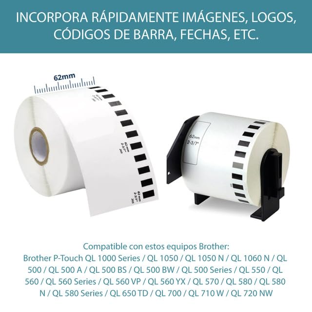 48 Rotoli di Etichette Termiche Adesive - Brother DK-22205 QL | Compatibili con Stampanti di Etichette Adesive, Carta Continua Adesiva e Termica, 62 mm x 30,48 metri
