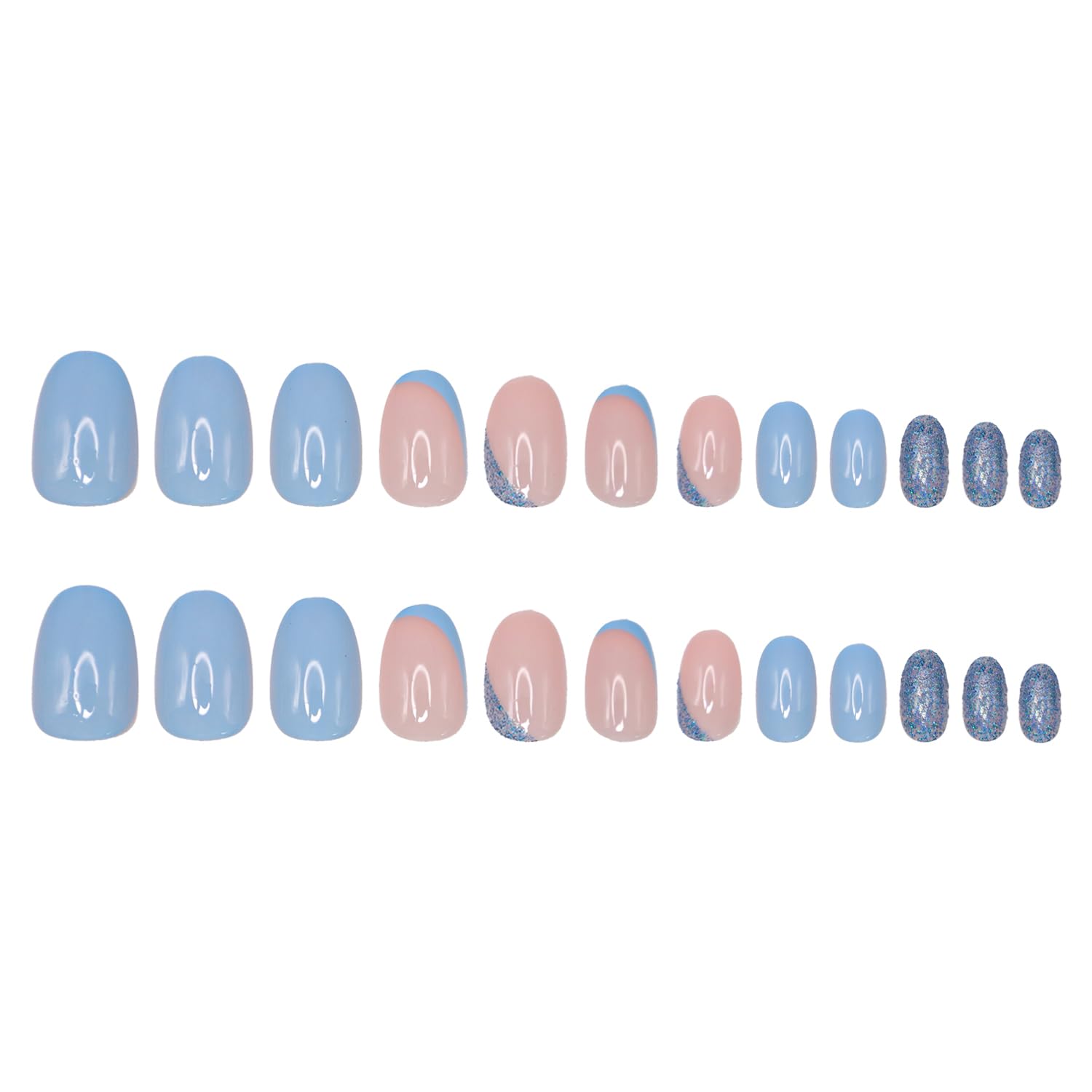 Short Press on Nails Almond Baby Blue OFDNE Fake Nails Shimmer False Nails Glitter Glossy Glue on Nails Full Cover Stick on Nails Reusable Acrylic Nails Artificial Nails for Women Girls 24 Pcs
