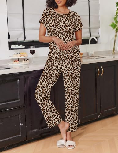 Image of Ekouaer 2 Pack Pajamas for Women Set Short Sleeve Sleepwear Top and Pants Pjs Soft Printed Lounge Sets with Pockets