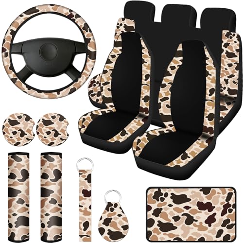 Frienda 13 Pcs Camo Print Car Seat Cover Full Set for Women Men Print Car Accessories Rubber Steering Wheel Armrest Pad Cover Seat Belt Pads Wrist Holder Keychain Camouflage