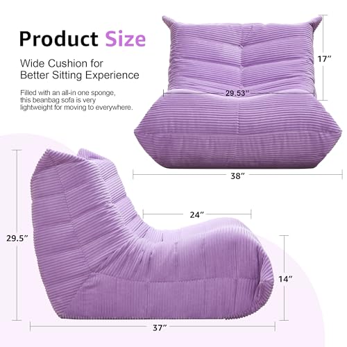 Image of Hobestluk Adults Bean Bag Chair Faux Fur BeanBag Couch for Living Room | Purple Corduroy,Ergonomic Design,Memory Foam,UltraSoft,Anti-slip Bottom,No Assembly Required,Decorative Style for Living Room