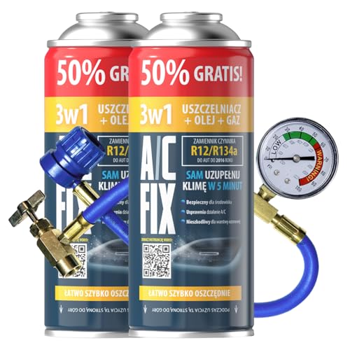 A/C FIX 3in1 R134a Kältemittel Ersatzgas - Kühlmittel Klima Auto mit Klima Dichtmittel und Öl - Gasflasche 2x235 g Auto Klimaanlage Nachfüllset - Klimaanlage Wohnmobil Klimaanlage Schlauch