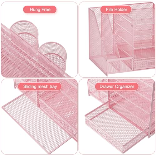 Image of Marbrasse Desk Organizer with File Holder, 5-Tier Paper Letter Tray Organizer with Drawer and 2 Pen Holder, Mesh Desktop Organizer and Storage with Magazine Holder for Office Supplies(Pink)
