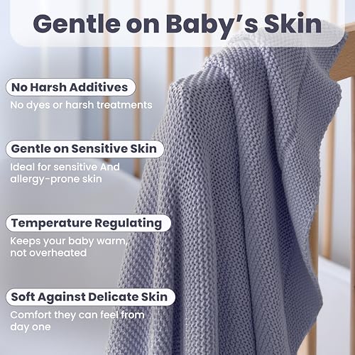 Image of 100% Organic Cotton GOTS Certified Baby Knitted Blanket with Gift Box - Soft Toddler, Crib, Stroller Blanket - Neutral Swaddle and Receiving Blanket for Newborns, 30 inchx40 inch, Grey Blue