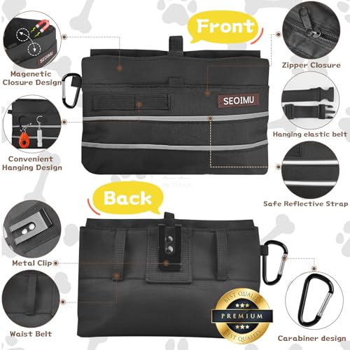Leckerlitasche für Hunde mit Magnetverschluss, Freihändige Leckerlibeutel für Hunde, 3 Methoden zu Tragen Hundeleckerli Tasche, Praktischer Hunde Leckerlitasche mit Gürtel & Karabiner (Schwarz, L)