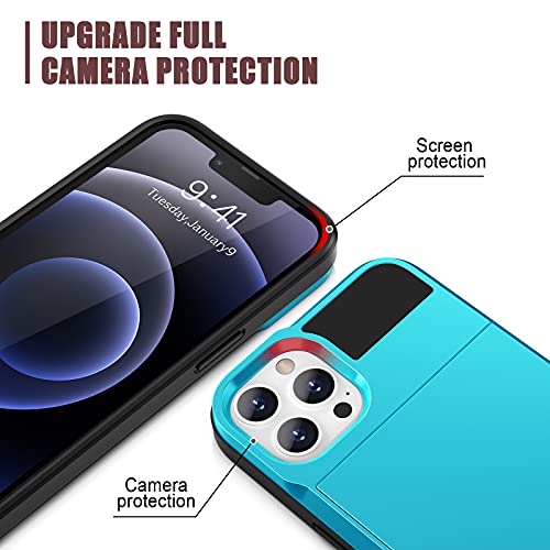 Anuck Case For Iphone 13 Pro Max Case With Card Holder, Shockproof Heavy Duty Wallet Case [Credit Card Slot][Slide Cover] Anti-Scratch Shell Dual Layer Armor Bumper Protective Phone Case - Light Blue #TOP4