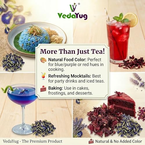 Image of VY VedaYug Herbal Tea Combo Pack | Blue Butterfly Pea Flower 20g & Hibiscus Flower 30g | Caffeine Free Herbal Tea | Total Weight 50g