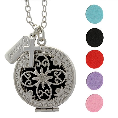 AromaRain Blessed Cross Essential Oil Diffuser Necklace Locket for Aromatherapy with Blessed and Cross Charms - Rhodium Plated Jewelry with 20
