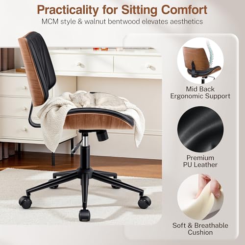 Image of Ergonomic Armless Office Desk Chair - Mid-Century Modern Black Faux Leather with Diamond Stitch, Adjustable Height Swivel Rolling Task Computer Chair with Walnut Accent for Home Office, Study & Work