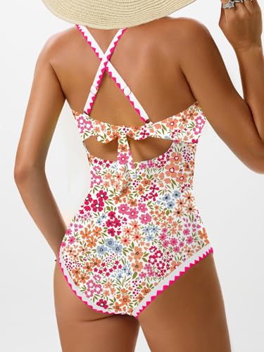 Women's One Piece Swimsuits Tummy Control V Neck Bathing Suit Tie Back Push Up Swim Suit Shell Stitched Swimwear4