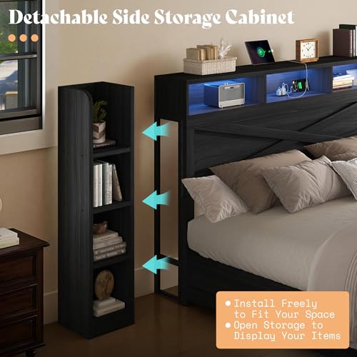 Image of AMERLIFE 45'' Farmhouse King Bed Frame with 4 Drawers, LED Bed Frame with Bookcase Headboard & Side Shelves, Wood Platform Bed with Charging Station, Black