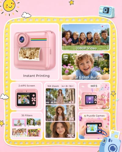 Image of GRENARO Instant Photo Camera, 1080P Toy Camera for Kids with Print, Built-in Puzzle Games & MP3, 2.4 inch HD IPS, 35 Filters, 16x Zoom, Christmas & Birthday Gift for Ages 3-12
