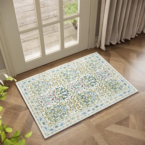 Image of Washable Entry Rug 2x3 Feet, Non-Slip Indoor Entryway Bathroom Kitchen Mat, Vintage Floral Design Rug Perfect for Entryway Decor