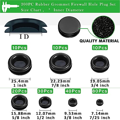 200-tlg. Kabeldurchführung Gummi Blindstopfen Gummitülle Schwarz Karosseriestopfen Gummistopfen für Kabelschutz, Boot, Auto Karosserie, Wohnmobil, Kabelkanal, kfz Kabel (7 Größen)