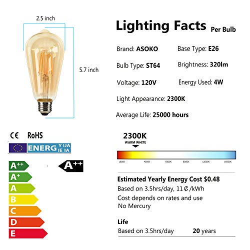 Asoko BULB-007 Led Dimmable Edison Light Bulbs 4W thumb #2