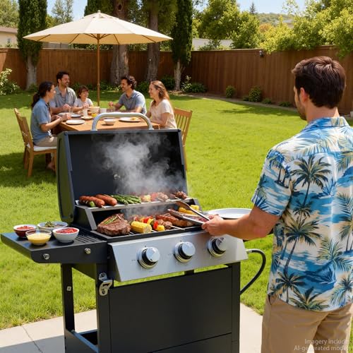 Image of EUHOME Stainless Steel 3-Burner Gas Grill, 25650 BTU Outdoor BBQ Grill with Side Table, 338 sq.in Cooking Area, Perfect for Patio, Deck & Family Barbecues