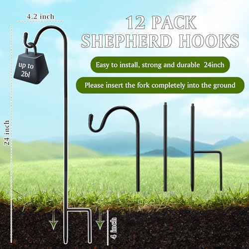 Image of 12 Pcs 24 Inch Shepherds Hook for Outdoor Adjustable Bird Feeder Pole Metal Steel Shepard Hooks for Hummingbird Stand Feeder Pole for Garden Plant, Lantern, Hanging Wedding Decor