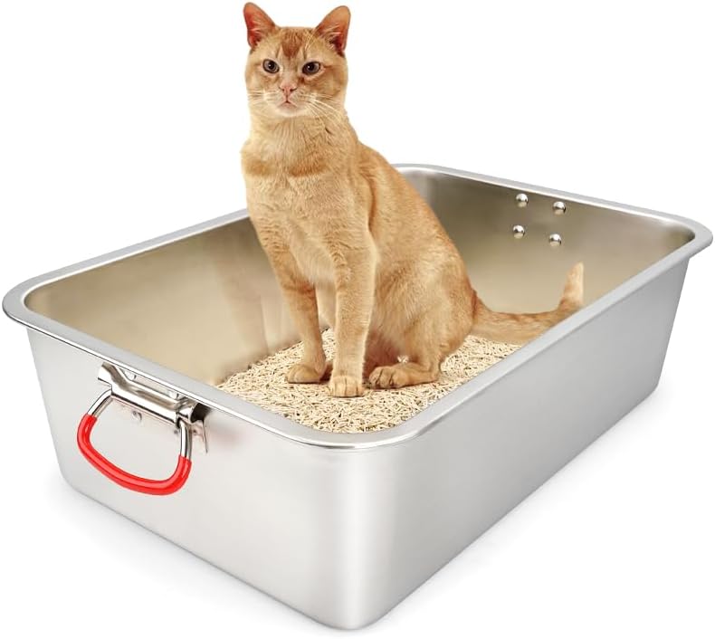 ULIGOTA Stainless Steel Cat Litter Tray, 50L x 35W x15H cm, Large Metal Cat Litter Box for Kitty and Rabbits, No Odor Left & Non Stick Surface, Rust & Stain Resistant, Easy to Clean