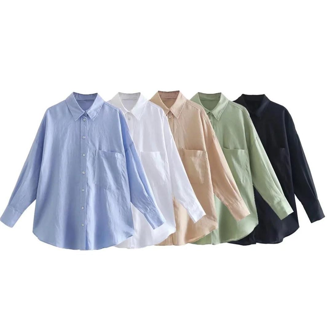 Chemise en lin avec poche pour femme - Couleur unie - Manches longues - Confort - Maison d'été