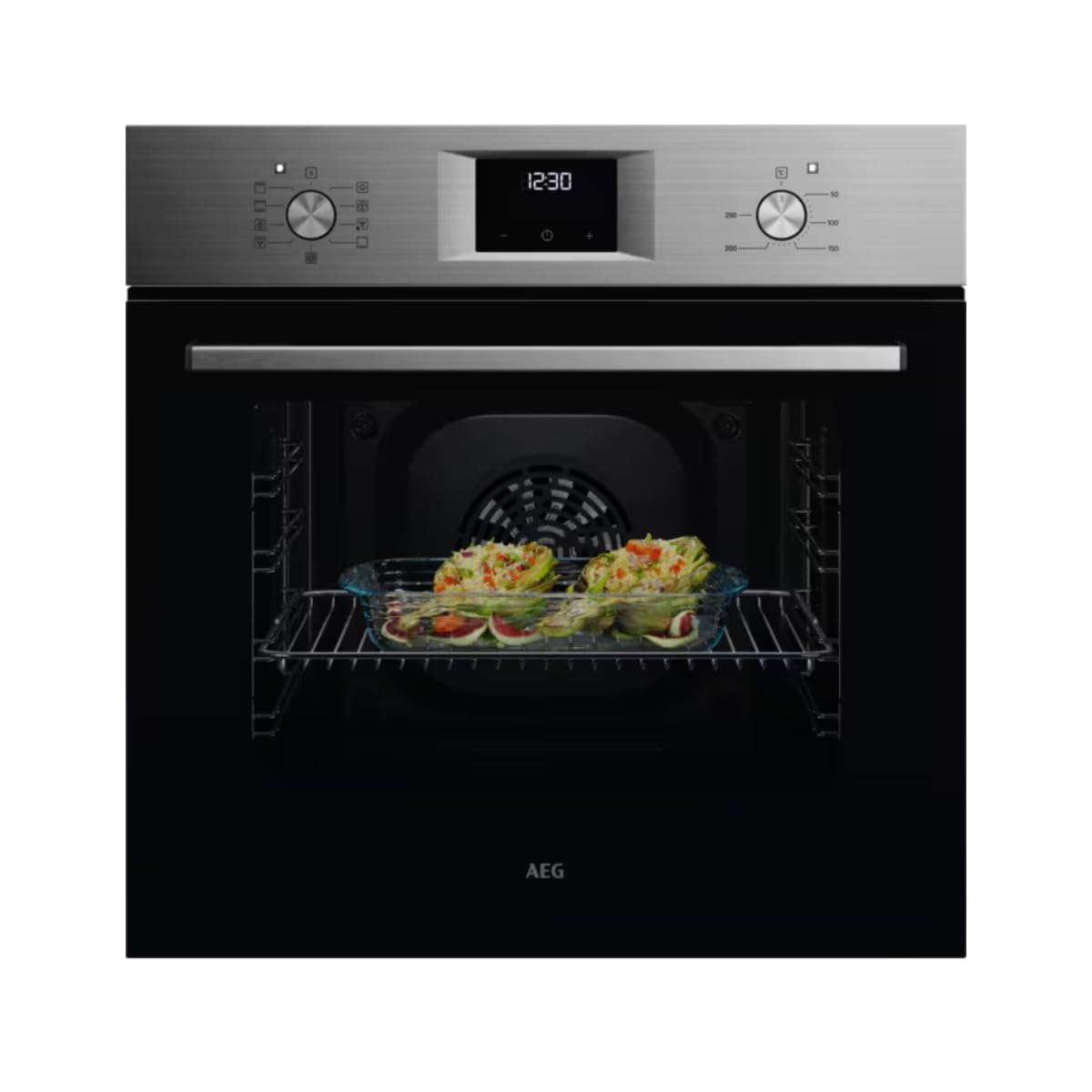 AEG OU5AB21CM - Four multifonction série 5000 SurroundCook, 65 L, affichage LED, 9 fonctions, nettoyage AquaClean, commandes escamotables inox, porte 4 verres, inox Infinity