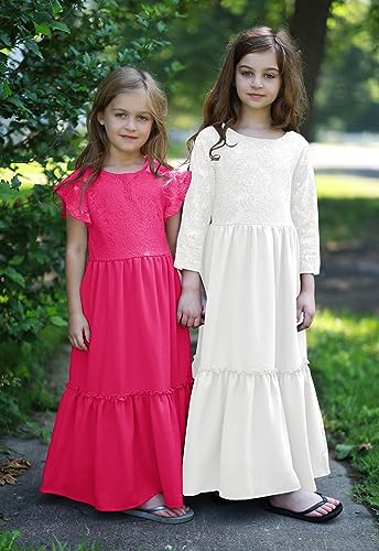 Image of MITILLY Girls Lace Flower Wedding Guest Long Maxi Dress for 6-12 Years | Girls Boho Dress, Girls' Special Occasion Dresses, Wedding Party, Size 6-12 Years, Ruffle Sleeve, A Line, With Pockets
