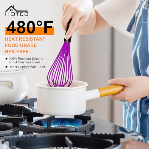 Image of HOTEC 4 Pieces Silicone Whisks Set, Wire Balloon Whisks for cooking Egg Beater, Non-slip Handle Whisk for Non-stick Cookware Perfect for Cooking, Stirring, Beating and Blending,Purple