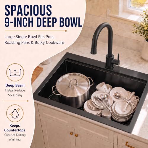 Image of LQS 33 Inch Black Drop In Kitchen Sink, 16 Gauge Workstation Sink