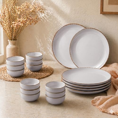 Image of The Earth Store Lavender Marble Ceramic Dinner Set, 18 Pieces with 6 Dinner Plates & 12 Vegetable Bowls | Microwave & Dishwasher Safe | Crockery Set for Gifting