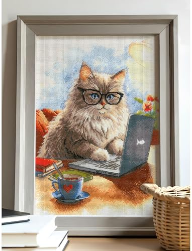Image of RIOLIS - Writer of Meowmoirs 2263, Cats Cross Stitch Kits 8 inchx11, Cross Stitch Kits for Beginners & Advanced, Crossstitching Kits Adult, Counted Stitching Kits, Cats Embroidery Kit