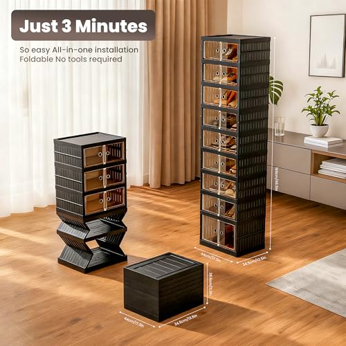 Image of Foldable Shoe Organizer Storage Box, Portable Extra Large Folding Shoe Rack for Closet, Shoe Storage Box with Magnetic Transparent Door and Wheels, 9 Layers 18 Grids with 2 Big Grids